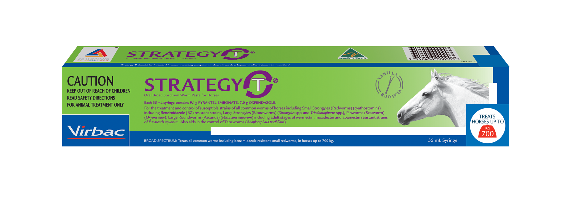 Virbac Strategy-T horse wormer paste in a green and blue box with a white horse graphic.