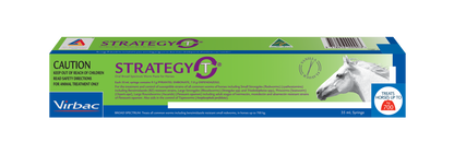 Virbac Strategy-T horse wormer paste in a green and blue box with a white horse graphic.