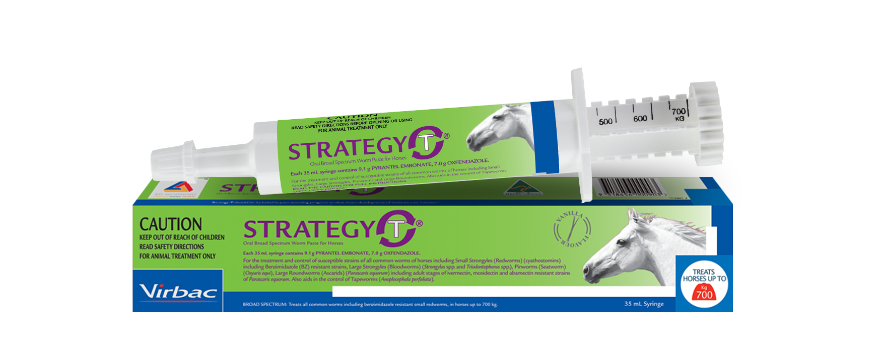 White Virbac Strategy-T horse wormer syringe with green label, next to its matching blue and green box.