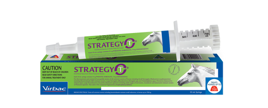White Virbac Strategy-T horse wormer syringe with green label, next to its matching blue and green box.