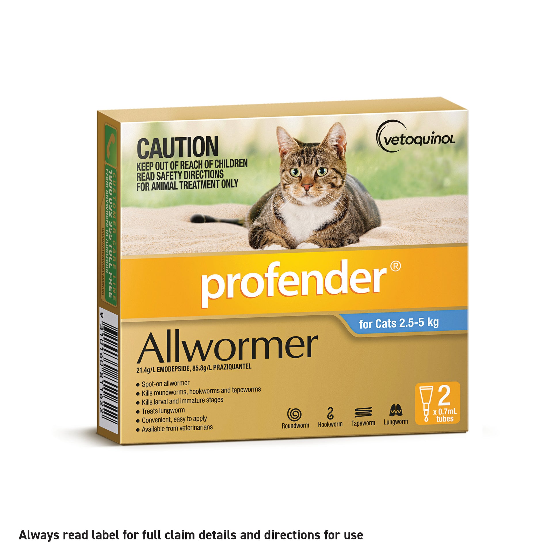 Profender Allwormer for Cats 2.5-5 kg, a gold and blue box featuring a cat, with two 0.7ml tubes.