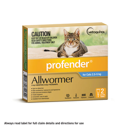 Profender Allwormer for Cats 2.5-5 kg, a gold and blue box featuring a cat, with two 0.7ml tubes.