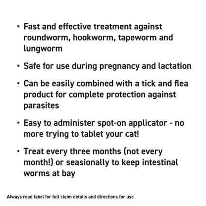 Text listing Profender cat dewormer benefits: fast, safe, easy spot-on application, treats every three months.