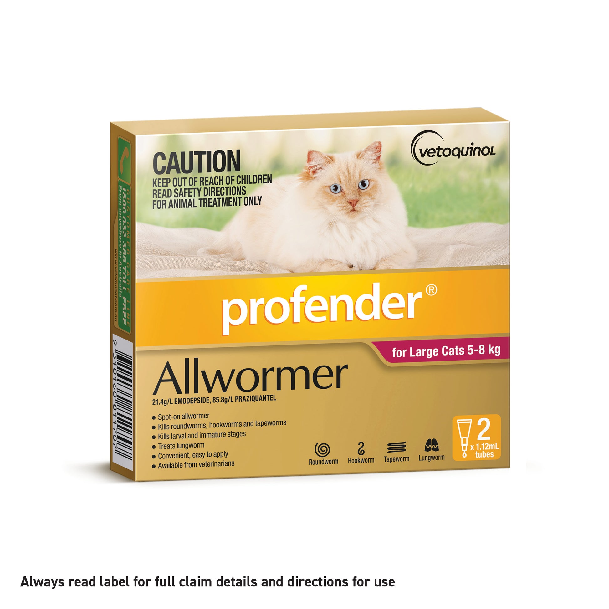Profender Allwormer spot-on for large cats, 5-8kg, in a yellow and purple box with a white cat.