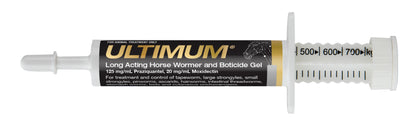 White and gold Ultimum horse wormer gel syringe with dosage markings for 500-700kg.