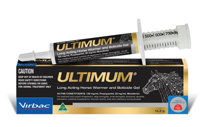 White Ultimum horse wormer gel syringe with black markings on a black and gold box featuring a horse head.