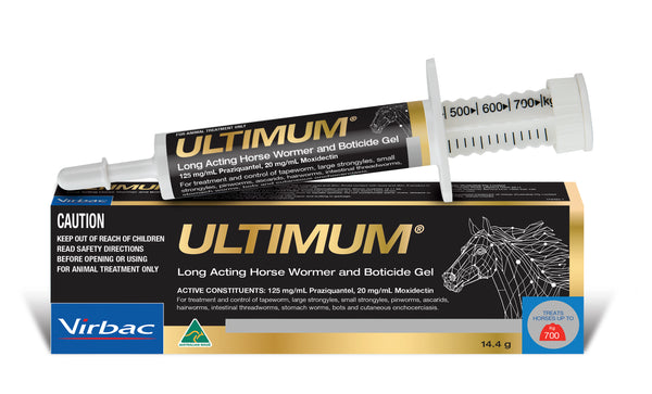 White Ultimum horse wormer gel syringe with black markings on a black and gold box featuring a horse head.