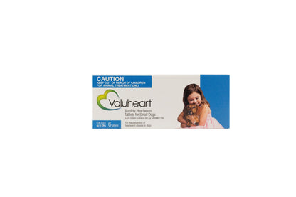 Valuheart Monthly Heartworm Tablets for Small Dogs up to 22 lbs, blue box with girl and dog.