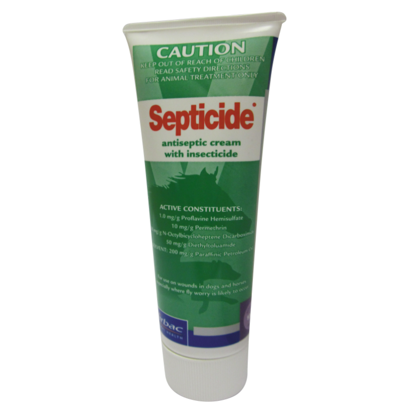 White and green Virbac Septicide Antiseptic Cream 100g tube for dogs and horses.