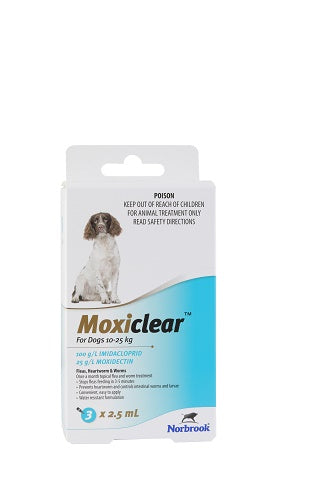 Moxiclear for dogs packaging with a dog illustration on a white background