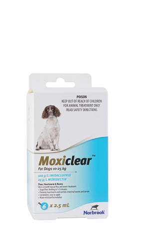Moxiclear packaging for dogs with a dog illustration on a white background