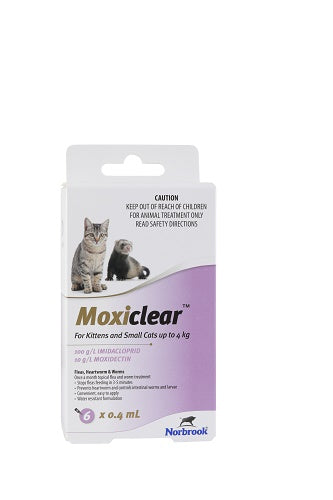 Moxiclear Spot On for Kittens & Small Cats, purple box with cat and ferret, 6 x 0.4 mL pipettes.