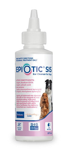 White bottle of EPIOTIC SIS Ear Cleanser for Dogs, 237mL, with a pink label featuring two dogs.