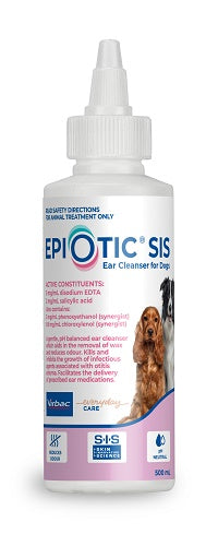White 500ml bottle of Epiotic SIS Ear Cleanser for Dogs & Cats, featuring a cocker spaniel and border collie.