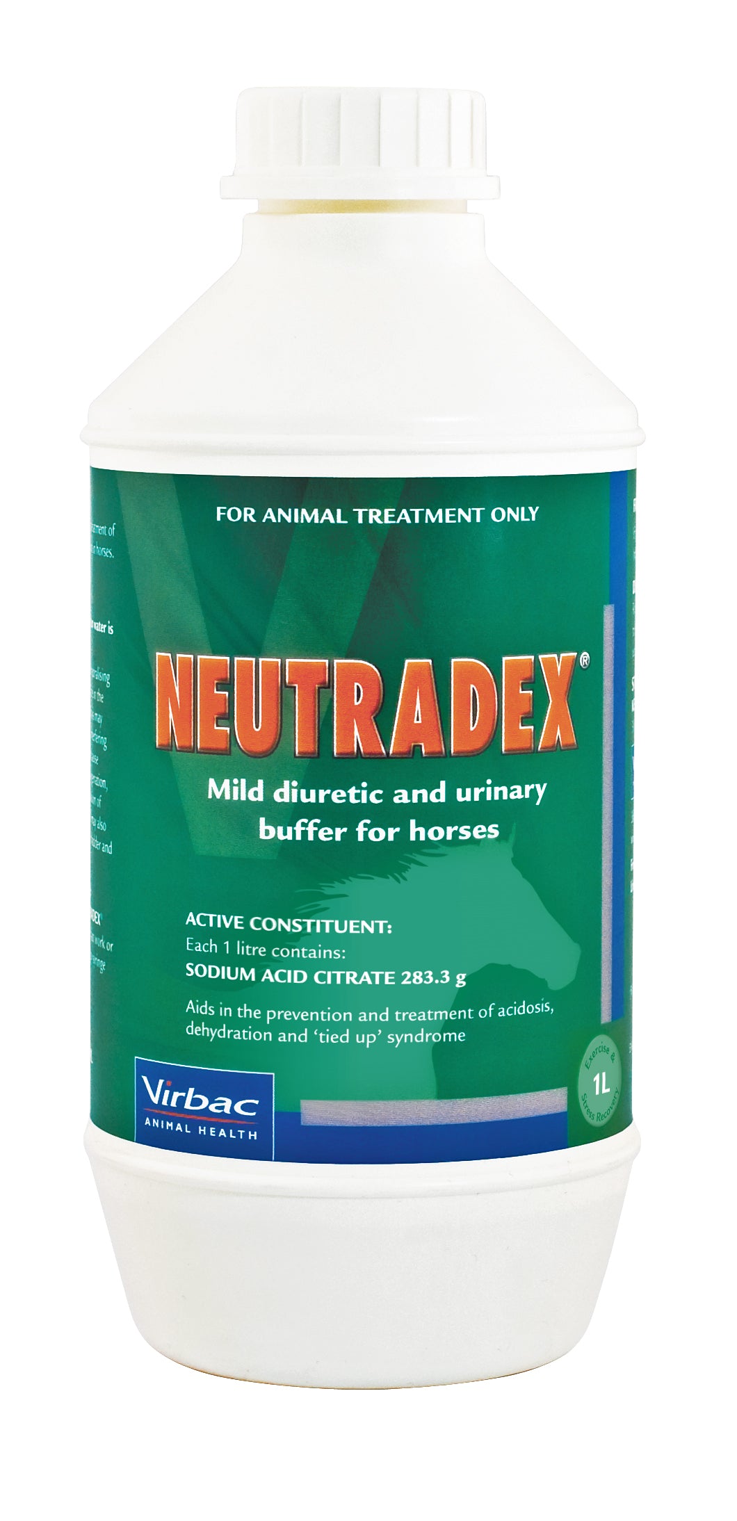 White 1L bottle of NEUTRADEX for horses, with a green label featuring orange text and a horse silhouette.