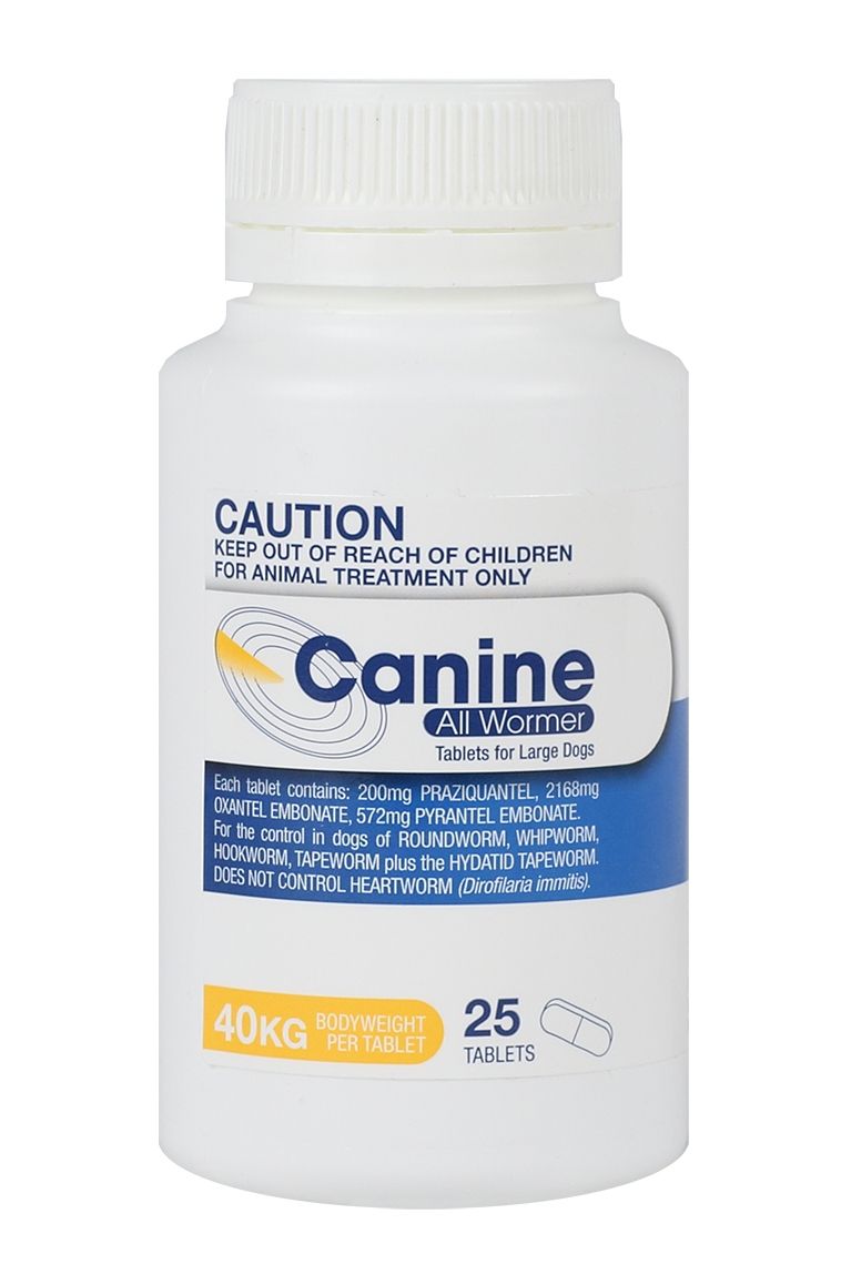 White bottle of Canine All Wormer tablets for large dogs up to 40kg, 25 tablets.