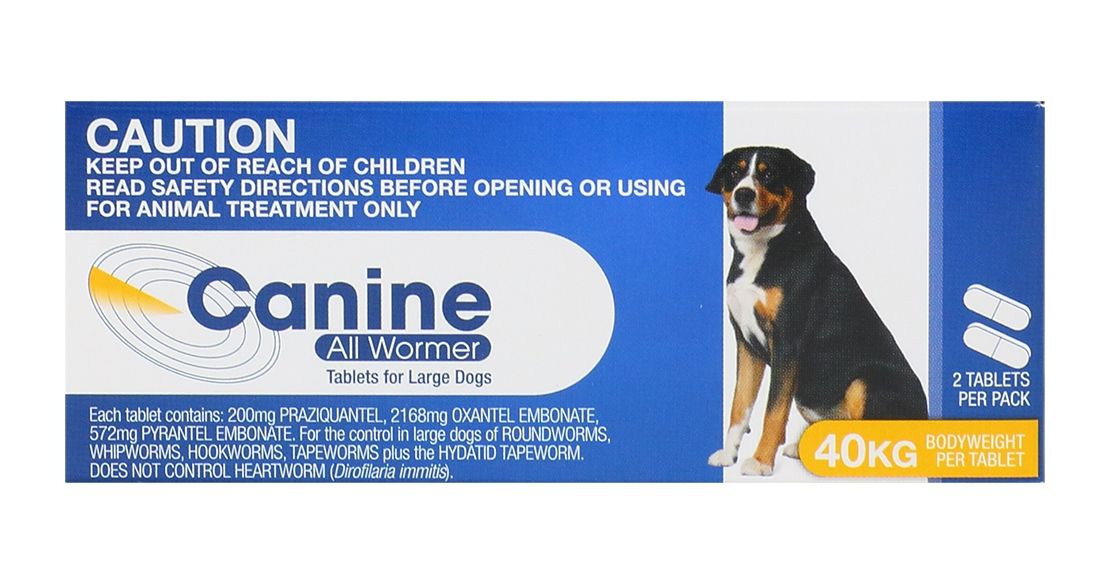 Blue box of Canine All Wormer Tablets for Large Dogs, featuring a black, white, and tan dog.