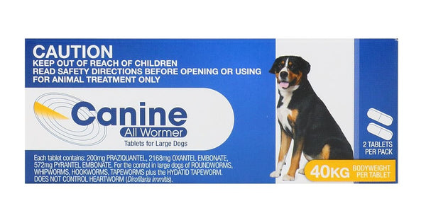 Blue box of Canine All Wormer Tablets for Large Dogs, featuring a black, white, and tan dog.
