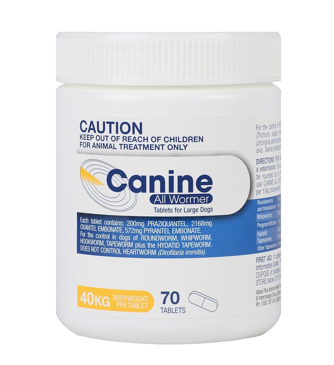 White Canine All Wormer tablets for large dogs, 40kg bodyweight per tablet, 70 tablets.
