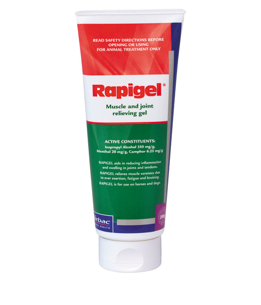 White tube of Rapigel muscle and joint relieving gel for horses and dogs, with red and green label.