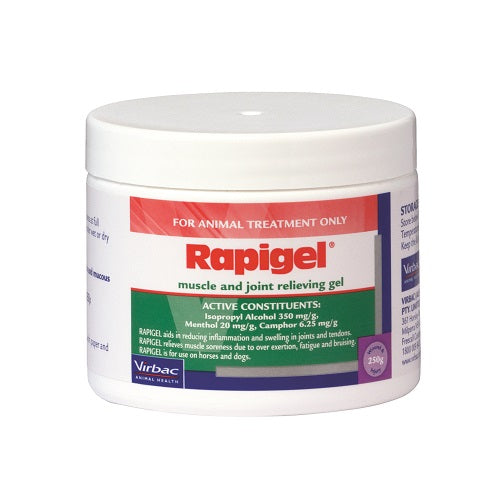 White Rapigel muscle and joint relieving gel tub for animal treatment, 250g.