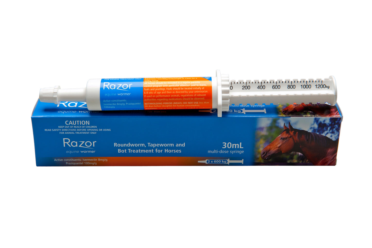 Razor Equine Wormer in a white multi-dose syringe with orange plunger, on a blue box featuring a horse.