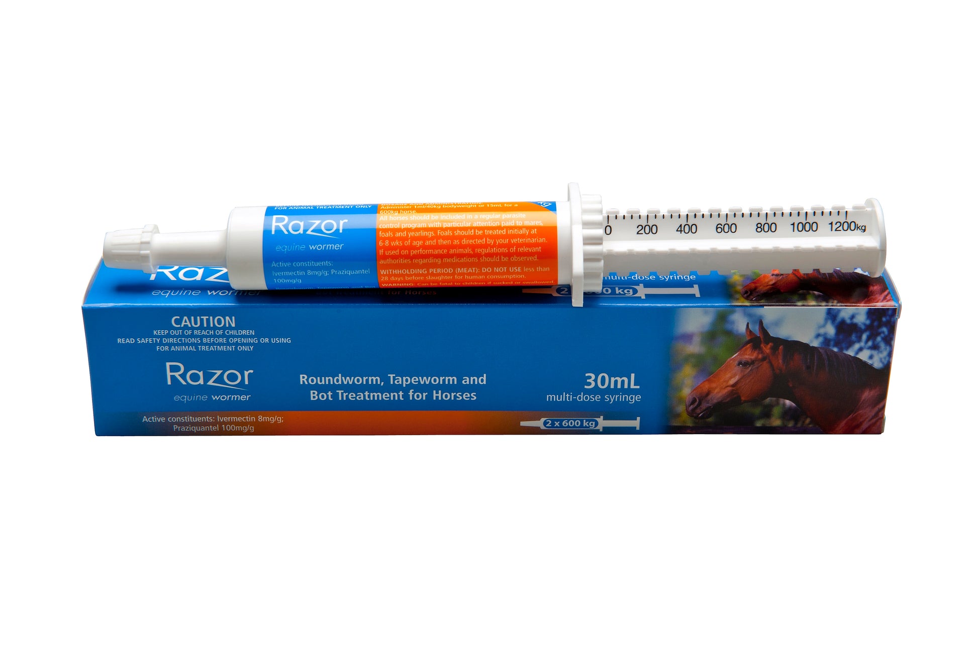 Razor Equine Wormer in a white multi-dose syringe with orange plunger, on a blue box featuring a horse.