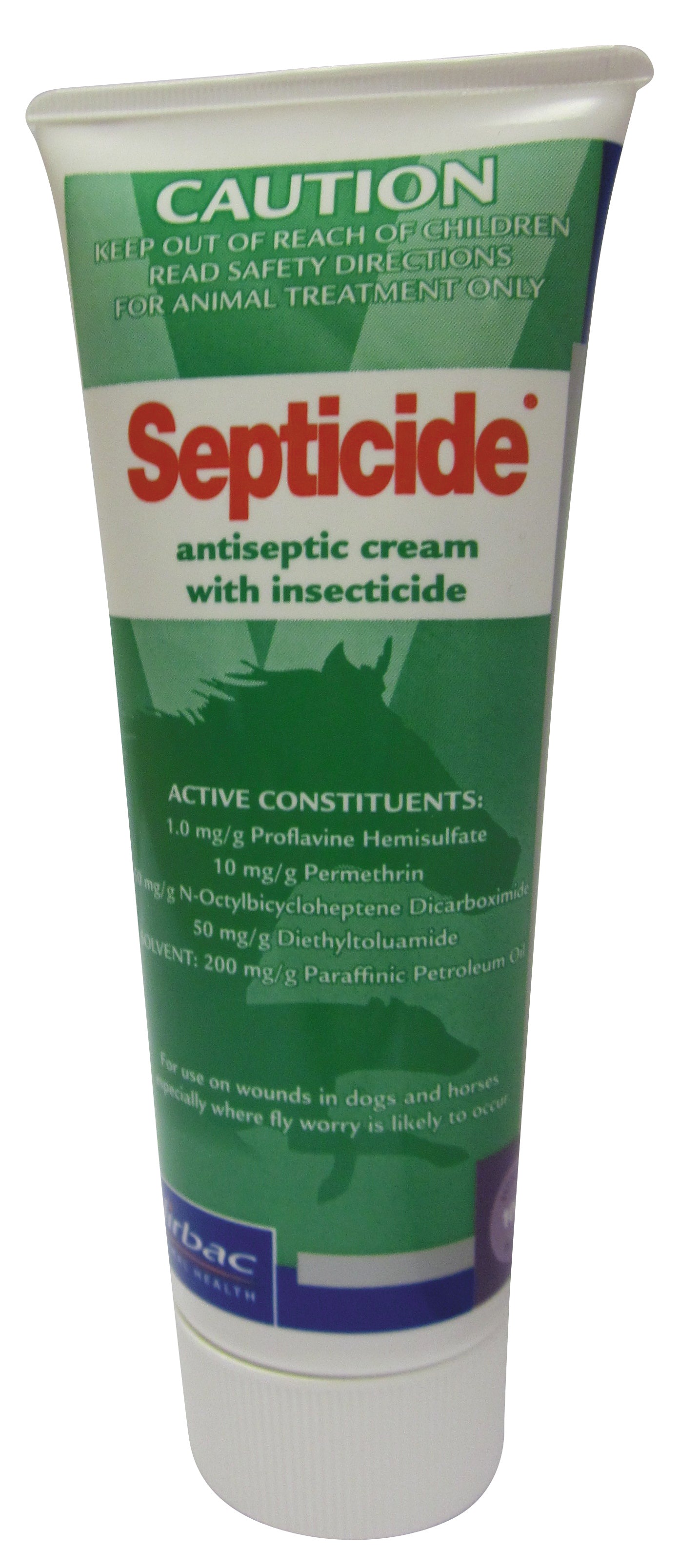 White and green Virbac Septicide Antiseptic Cream 100g tube for dogs and horses.