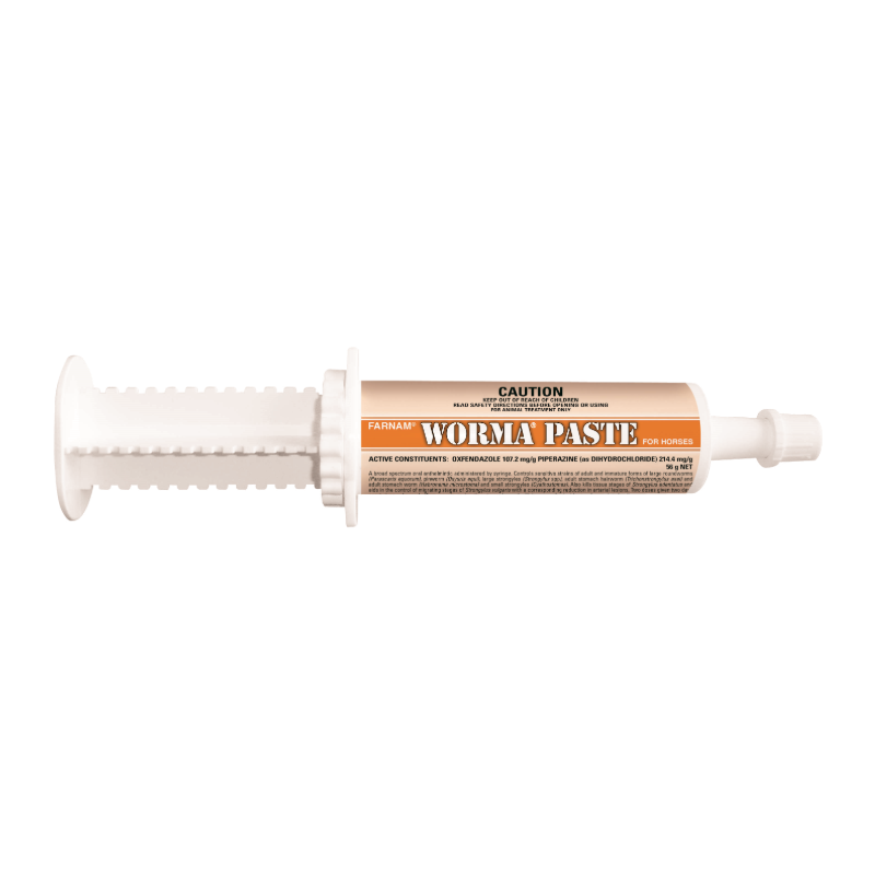 White Worma Paste for Horses 56g oral syringe with orange and brown label, showing product name and details.