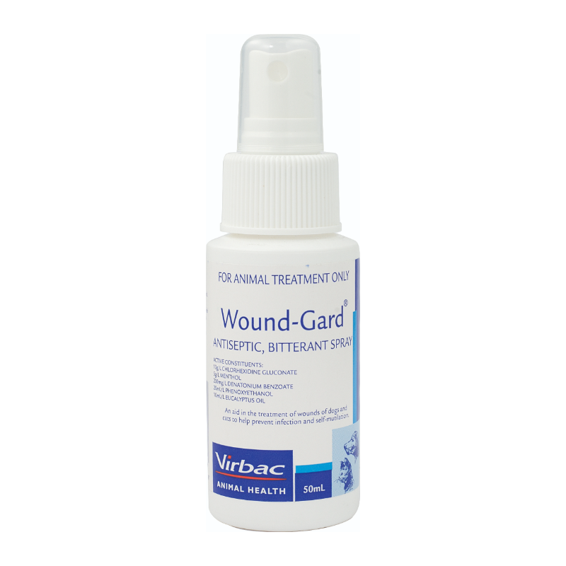 White 50ml Virbac Wound-Gard Antiseptic Bitterant Spray for animal wound care.