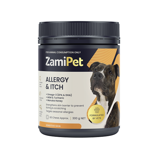 ZamiPet Allergy & Itch Chews for Dogs in a dark grey tub with a brindle dog graphic.