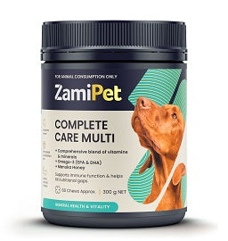 ZamiPet Complete Care Multi Chews for Dogs, dark blue jar with a brown dog illustration and teal accents.