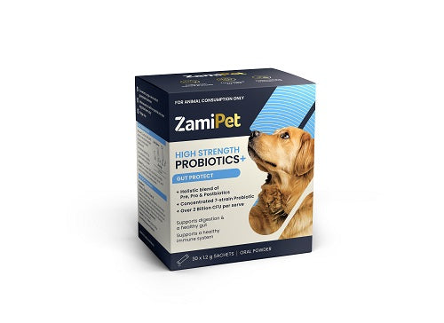 ZamiPet High Strength Probiotics Gut Protect box with a golden retriever, blue and white design.