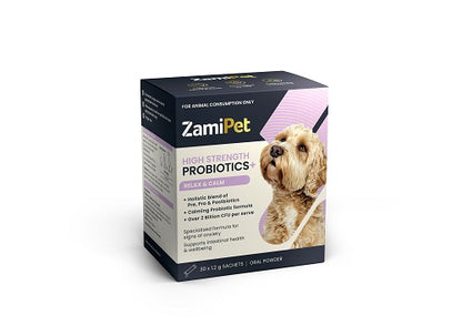 ZamiPet High Strength Probiotics Relax & Calm supplement box with a calm golden dog.