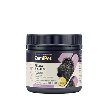ZamiPet Relax & Calm Chews for Dogs in a dark grey tub with a black poodle graphic.