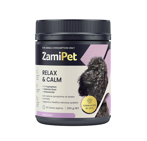 ZamiPet Relax & Calm Chews for Dogs in a dark grey tub with a black poodle graphic.