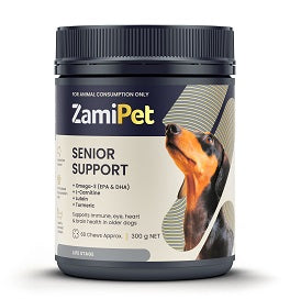 ZamiPet Senior Support Chews for Dogs in a dark grey tub with a black lid, featuring a dachshund.