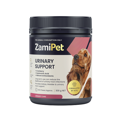 ZamiPet Urinary Support Chews for Dogs in a dark gray jar with a pink and black label featuring a cocker spaniel.