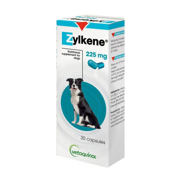 White and blue Zylkene 225 mg supplement box for dogs, showing a Border Collie and 30 capsules.