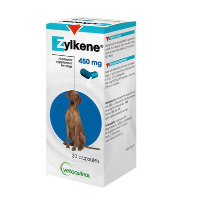 White box of Zylkene 450mg nutritional supplement for dogs, featuring a brown dog and blue capsules.