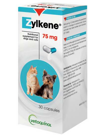 White box of Zylkene 75mg calming supplement for dogs and cats, featuring a cat and a dog, with 30 capsules.
