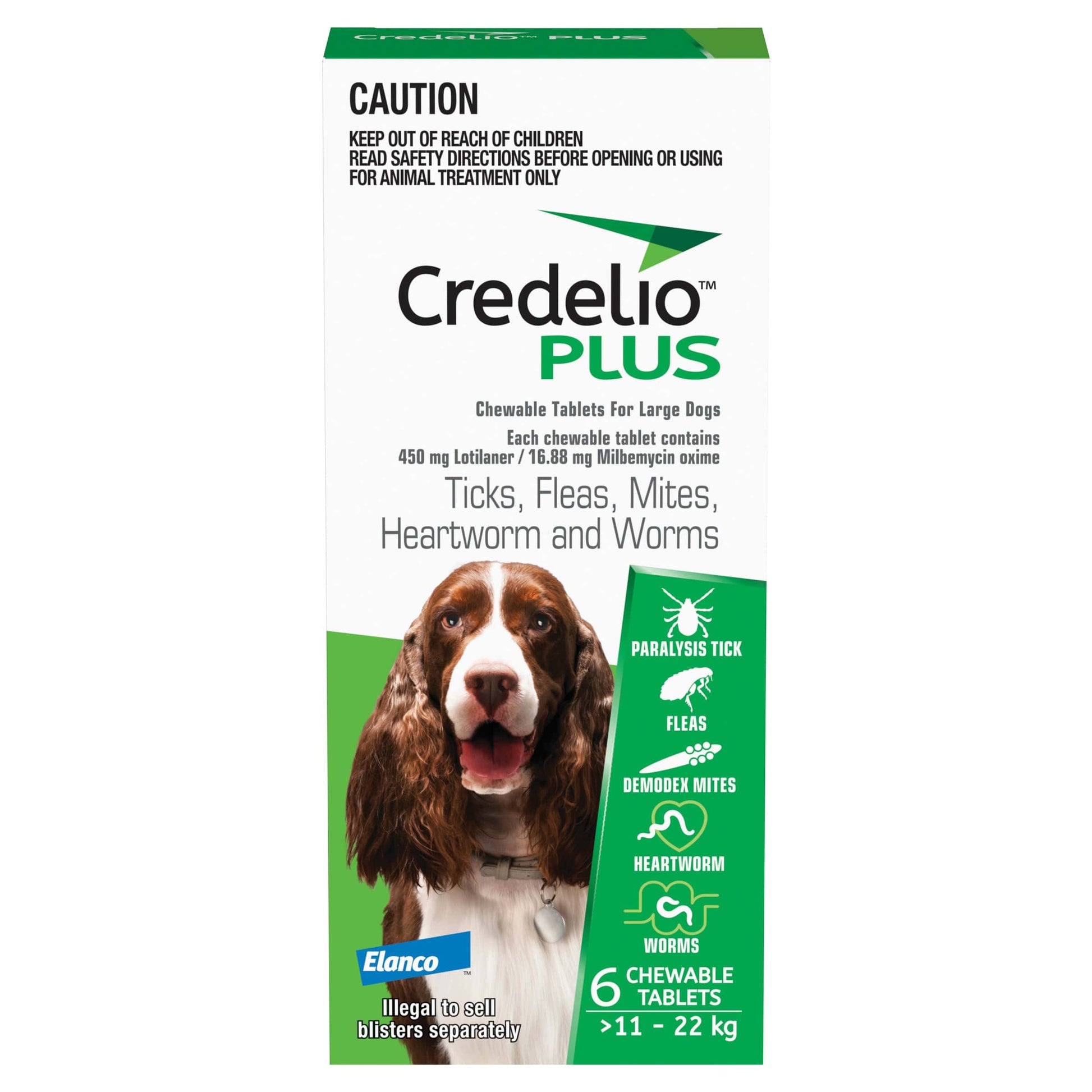 Credelio Plus Chews for Dogs 24.1-48lbs green box with a brown and white dog, showing parasite protection.