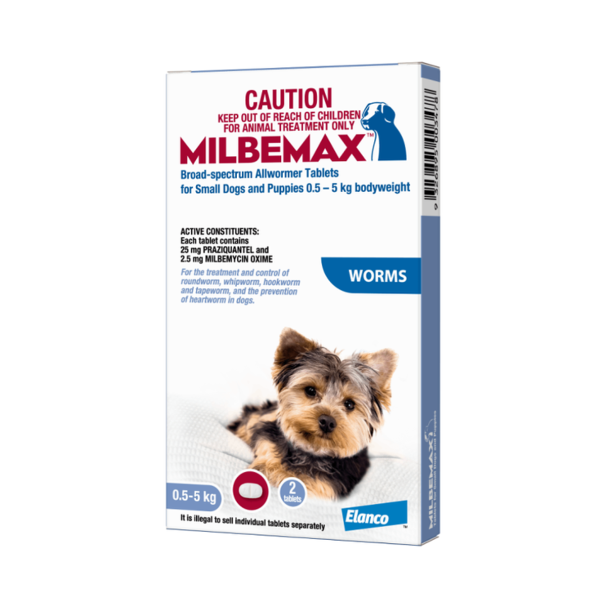 A box of Milbemax Broad-spectrum Allwormer Tablets for small dogs and puppies, 0.5-5 kg bodyweight, featuring a small Yorkshire Terrier on the front, with the Elanco brand logo at the bottom right.