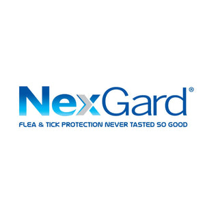 NexGard logo with blue gradient text and "Flea & Tick Protection Never Tasted So Good" slogan.