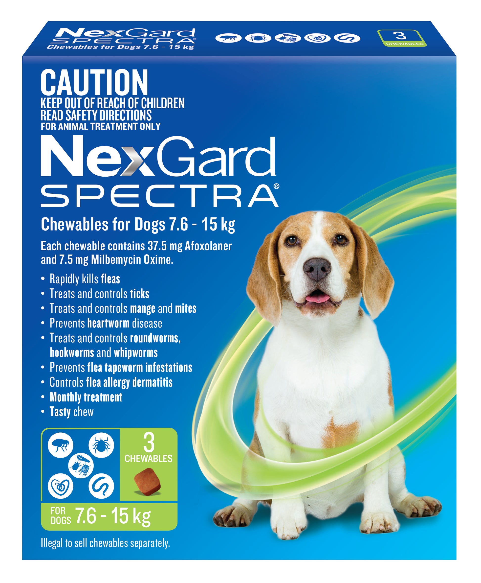 NexGard Spectra green box for medium dogs 7.6-15 kg with a beagle and chewable tablet.