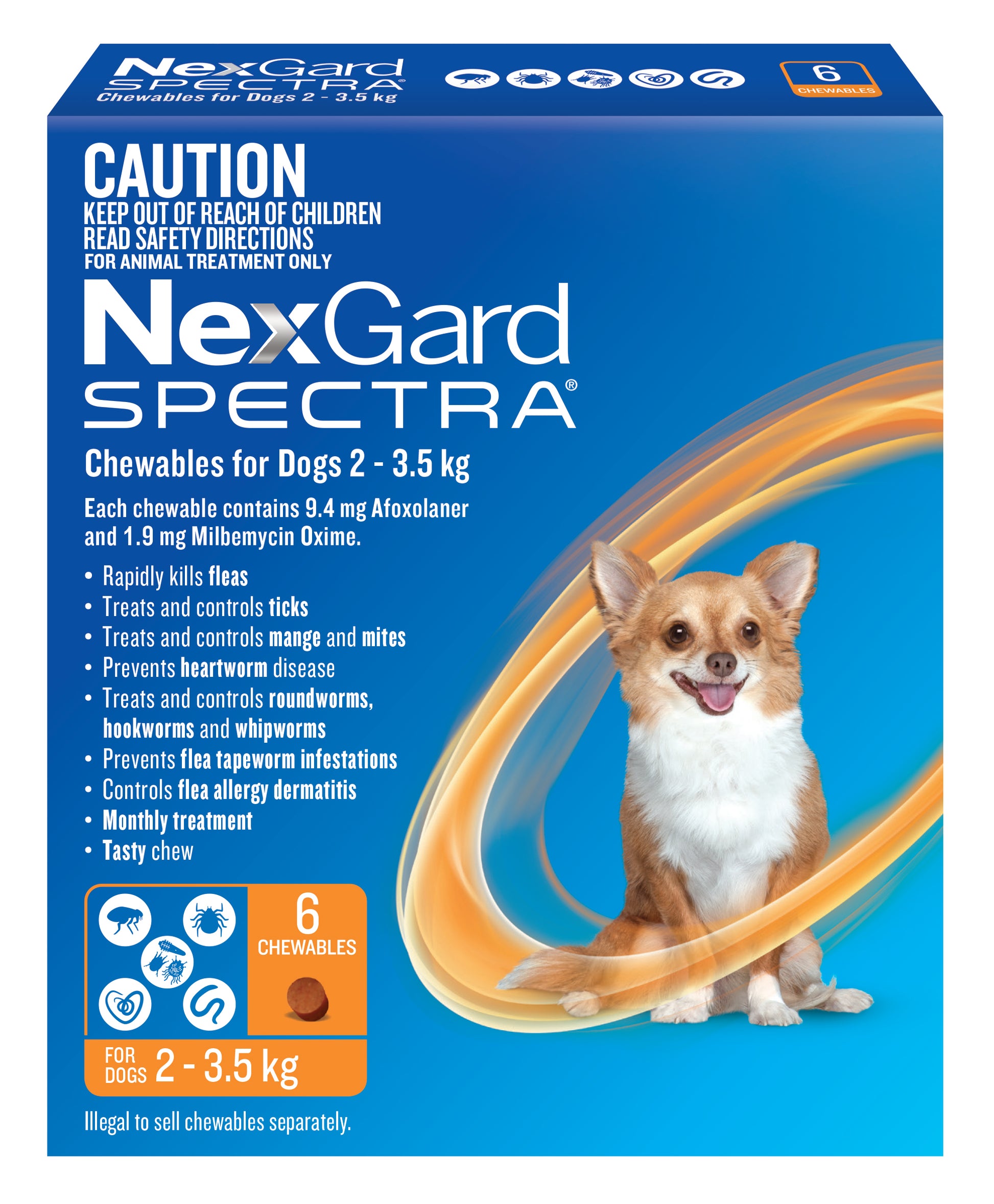 NexGard Spectra orange box for extra small dogs (2-3.5 kg) with a happy chihuahua.