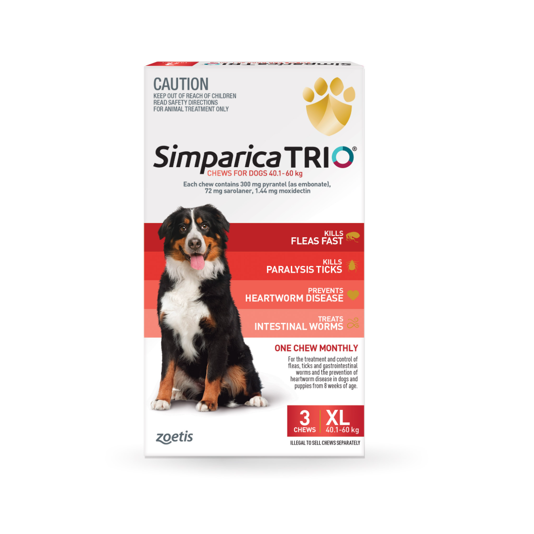Simparica Trio Chewables For Extra Large Dogs 88.1-132lbs (40.1-60Kg) Red