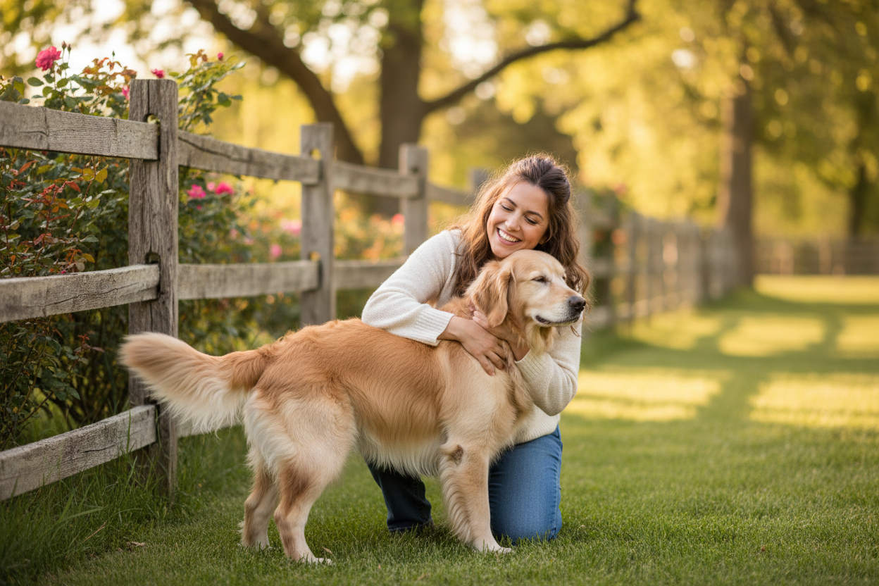 woman hugging dog outside next to fence